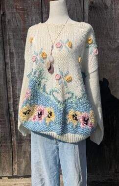 Vintage Hand Knit Floral Embroidered Sweater